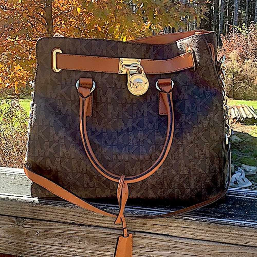 Michael Michael Kors Leather Hamilton Logo Tote Satchel Signature Monogram Bag - Picture 3 of 12